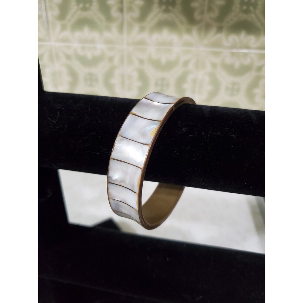 Vintage Brass & Mother Of Pearl Bracelet Made in India 3" Slip On Boho